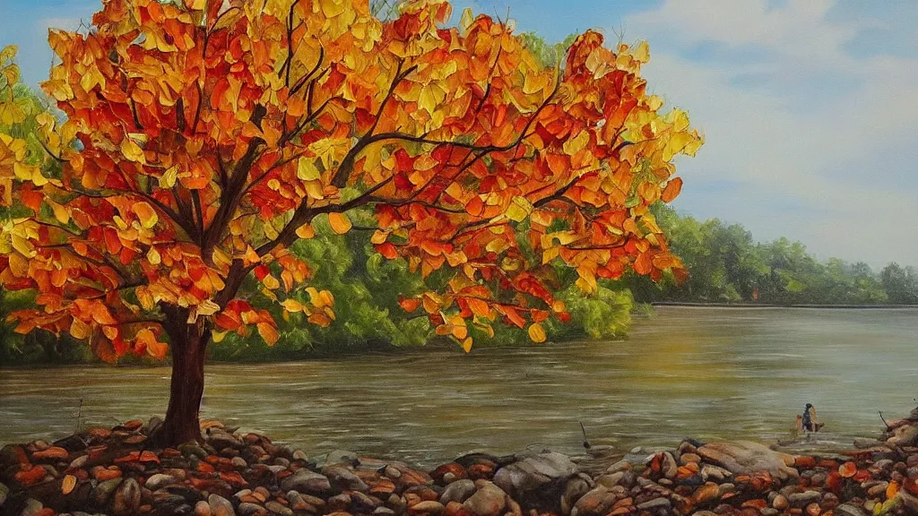 Prompt: A beautiful oil painting of a single tree, the tree is in the rule of thirds, a family is under the tree having a picnic, the kids are playing with the dog at the river while the are splashing the water, the fall has arrived and the leafs started to become golden and red, the river is flowing its way, the river has lots of dark grey rocks, oil painting by Greg Rutkowski