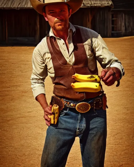 Image similar to A cowboy holding a banana, wild west duel, cinematic