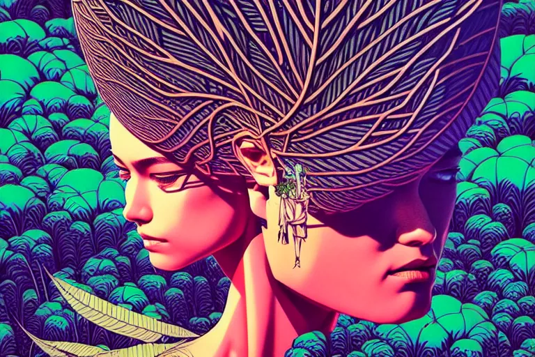 Image similar to gigantic robot head, a lot of exotic vegetation, trees, flowers by moebius, junji ito, tristan eaton, victo ngai, artgerm, rhads, ross draws, hyperrealism, intricate detailed, risograph