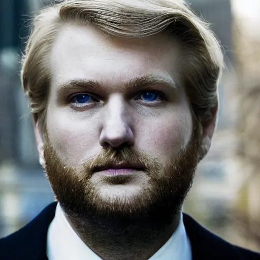 Image similar to face close up portrait photograph of a very tall, elegantly dressed, young, bearded, golden haired, pale white donald trump walking through the city