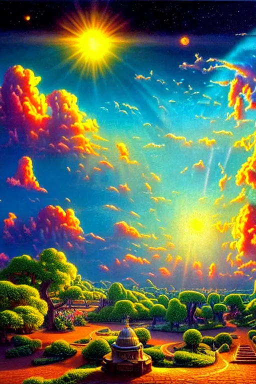 Prompt: a photorealistic detailed cinematic image of a beautiful vibrant iridescent future for human evolution, spiritual science, divinity, utopian, cumulus clouds, ornate artifacts, magic garden, nature preserve, isometric, by david a. hardy, kinkade, lisa frank, wpa, public works mural, socialist