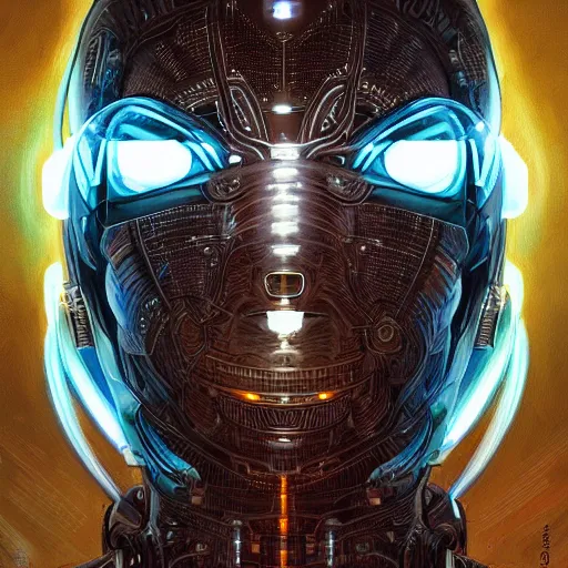 Image similar to Symmetry!! portrait of cyborg, sci-fi armour, tech wear, cables, glowing lights!! sci-fi, intricate, elegant, highly detailed, digital painting, artstation, concept art, smooth, sharp focus, illustration, art by artgerm and greg rutkowski and alphonse mucha