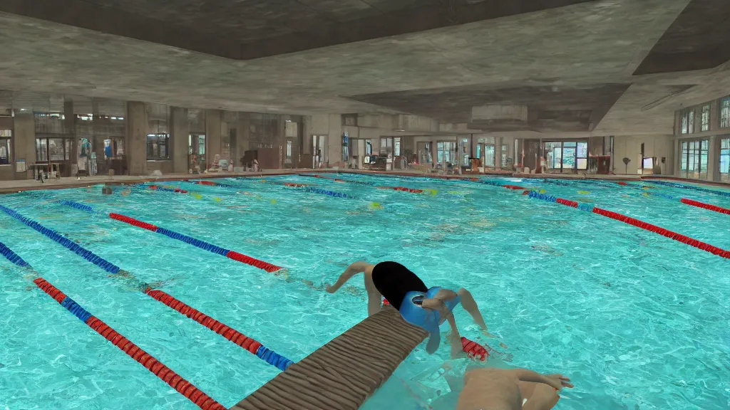 Prompt: Screenshot from Watchdogs at an indoor swimming pool