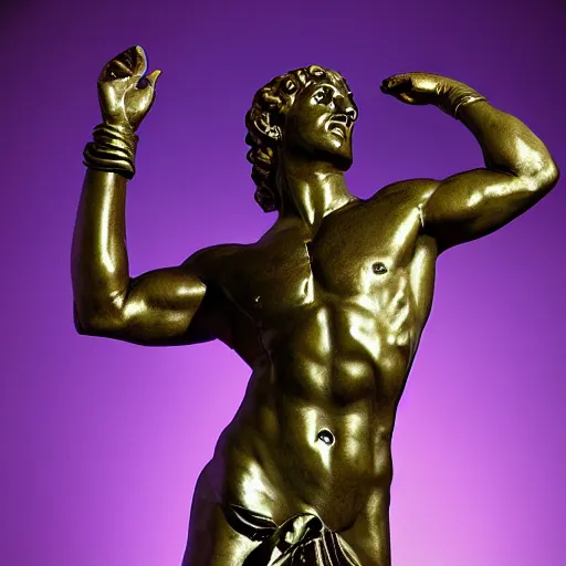 Prompt: a bronze greek statue in a loincloth in a disco club dancing next to a floating purple rectangle made of lightning