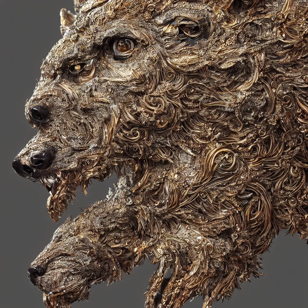 Prompt: a close up photo - real delicate sculpture of an ornate detailed wolf by aj fosik, micro detail, backlit lighting, octane renderer, colorful, physically based rendering, tribal art, symmetrical, trending on cgsociety