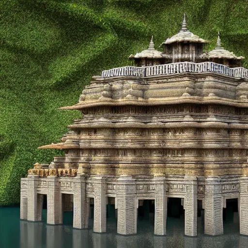 Image similar to 4 k unreal engine render of an ancient never seen before indian high detail palace and temple islands. complex architecture with intricate aetheral pilars. high detailed water. jungle background. afternoon light. hyper realistic render, digital illustration, trending on art station