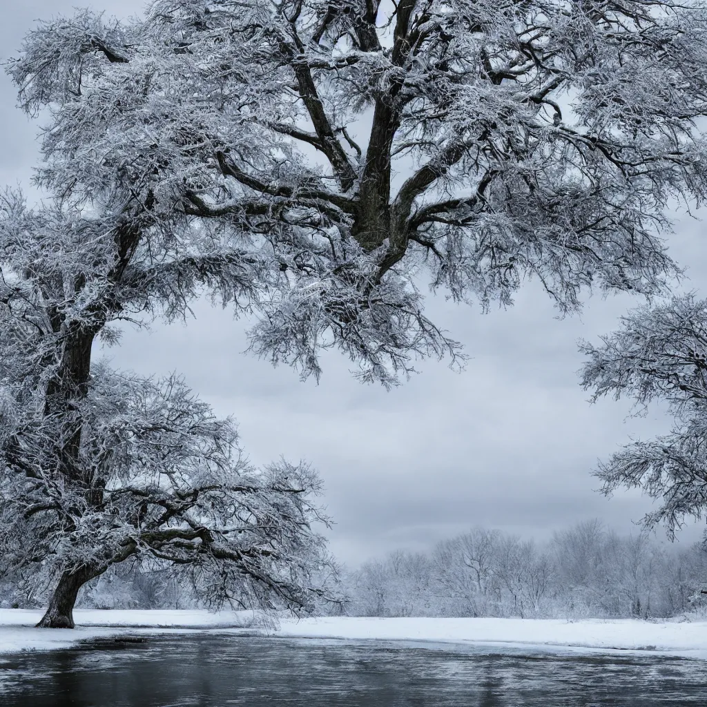 Prompt: landscape of a river, big tree, snow on the tree, photorealistic, hd,