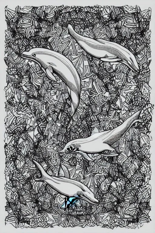 Image similar to dolphins, fractal, ink drawing, line art colouring page