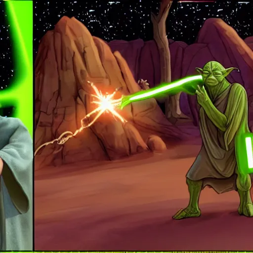 Prompt: Jesus Vs Yoda in epic slap battle