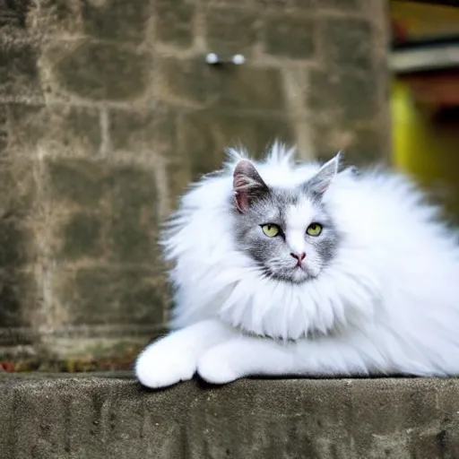 Image similar to Fluffy long fur white and grey cat, yellow eyes, cute, 4K