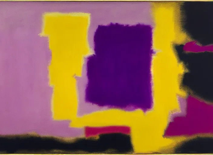 Prompt: abstract half moon in purple, yellow, gold, beige, black, painted by Mark Rothko, Franz Kline, Helen Frankenthaler, Pat Steir and Hilma af Klint, abstract painting, color field painting. 8k, extreme detail, intricate detail, masterpiece