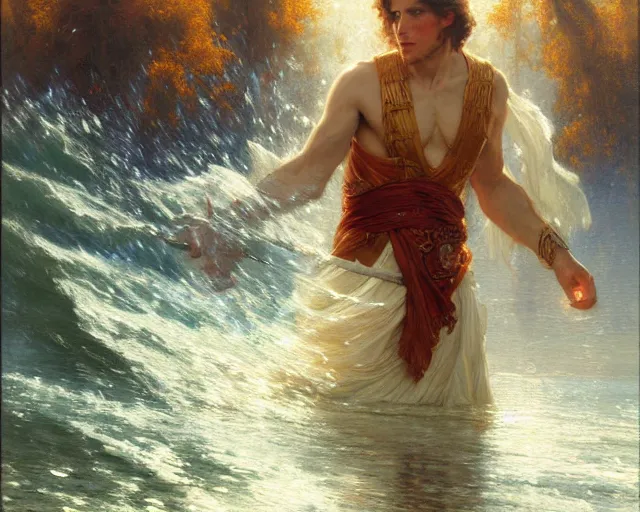 Image similar to attractive male wizard casting powerful tsunami wave spell in a beautiful lake. highly detailed painting by gaston bussiere, craig mullins, j. c. leyendecker 8 k