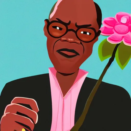 Prompt: a stylized cartoon of samuel l jackson with a pink flower in his hand