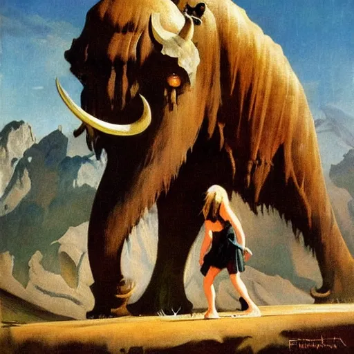 Image similar to a mammoth threatening a girl, detailed oil painting by Frank Frazetta