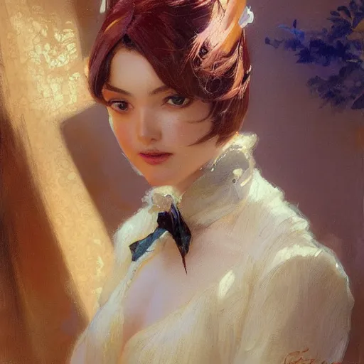 Image similar to a high fashion studio portrait of a cute anime girl, painting by gaston bussiere, craig mullins, j. c. leyendecker