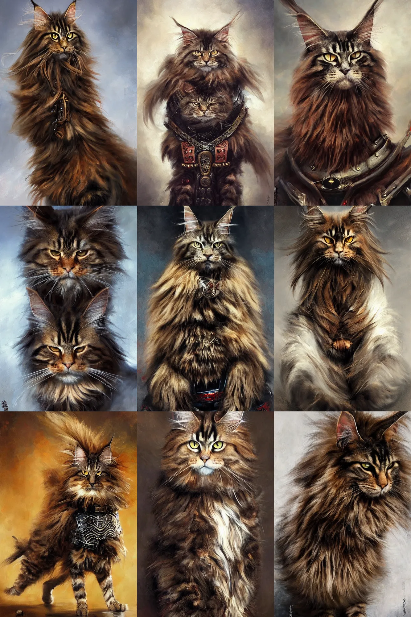 Prompt: Serious looking MaineCoon cat with brown fur, dressed in Samurai armour, clothed in old samurai uniform, painting by Raymond Swanland