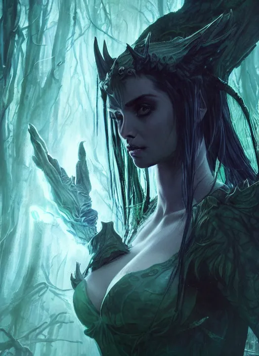 Image similar to a close - up of a beautiful succubus necromancer from magic the gathering, lord of the rings, and star trek ( ( ana de armas ) ) in a bioluminescent ancient dark forest, greg rutkowski, 8 k, shallow depth of field, intricate detail, concept art,