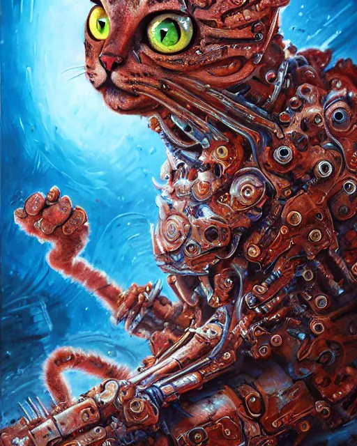 Image similar to bloody fleshmetal cyborg garfield cat, by antonio j. manzanedo, giger, alex grey, android jones, wayne barlowe, philippe druillet, raymond swanland, cyril rolando, josephine wall, harumi hironaka, trending on artstation