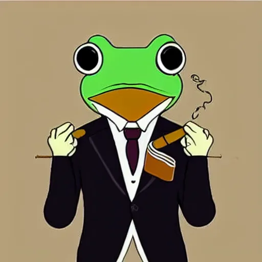 Image similar to a frog 🐸 wearing a suit smoking a cigar