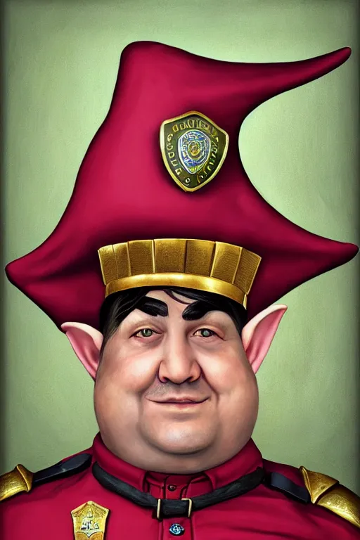 Prompt: high fantasy elf mall cop with a sheriff's badge that is fat, shifty, 1500s Oil Portrait, Carvagio, hyper realistic
