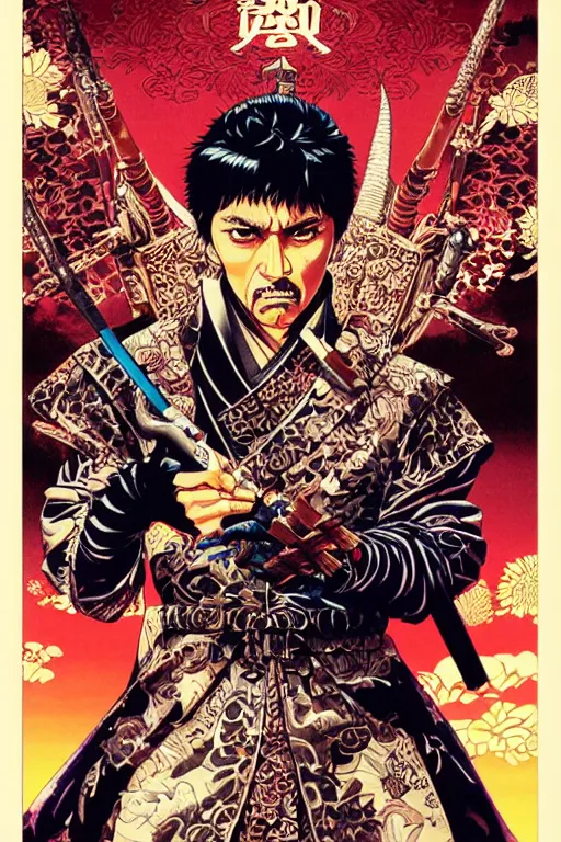 Image similar to poster of tony montana as a samurai, by yoichi hatakenaka, masamune shirow, josan gonzales and dan mumford, ayami kojima, takato yamamoto, barclay shaw, karol bak, yukito kishiro