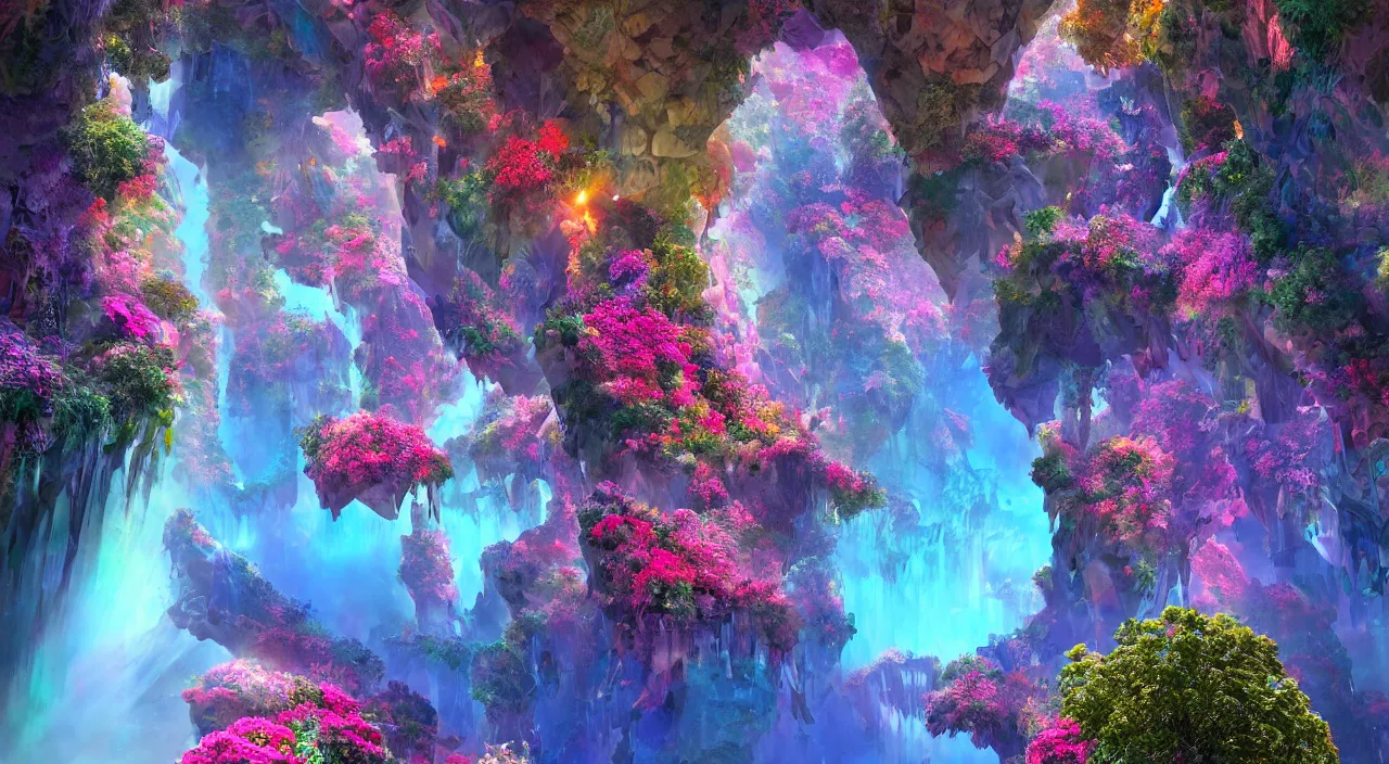 Image similar to biological crystallographic lattice bridging megastructure, in a canyon with flowers and lots of colors, by jack oliva - rendler, by glenn small, by albert bierstadt, photorealistic, zaha hadid, god rays, volumetric lighting, detailed, extremely intricate, raytrace, octane, light fog, neon