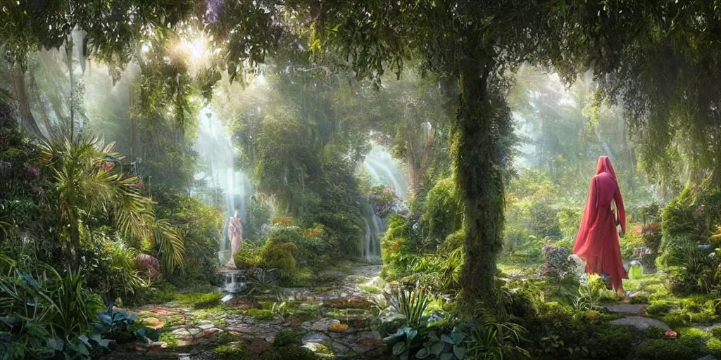 Image similar to long shot of a bright sun shining through a gardens in the bay interior, mystical woman wearing a cloak walking in over grown botanical garden, pre raphaelite, atmospheric, ground mist, waterfalls, light streams, style of gardens in the bay singapore, art by artgerm, sharp, intricate detail,