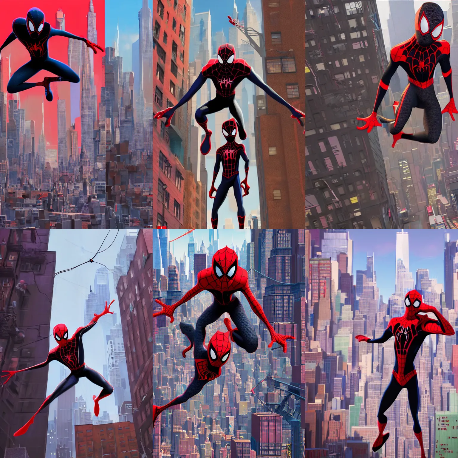 Prompt: exciting matte painting of a 3 d full body character illustration of miles morales spiderman from into the spiderverse swinging through brooklyn new york with screentones texture, black and red color scheme costume, miles morales!!!, into the spiderverse, spiderverse, 8 k, octane render, in the style of sony pictures animation and studio fortiche