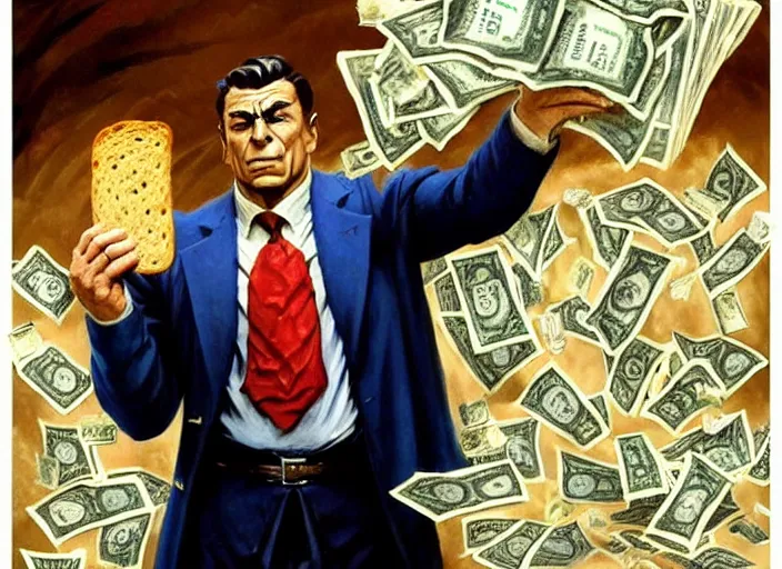 Image similar to magic : the gathering fantasy character concept art of the great businessman by frank frazetta, high resolution. a clear portrait of powerful, business man wearing a business suit, holding a wad of money made out of bread, bread bucks, bread shaped like dollar bills, magical bread and toast money swirling around, fantasy coloring, intricate, digital painting, artstation, smooth, sharp focus