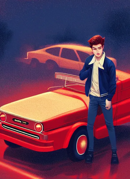 Image similar to teenage archie andrews, in a red ford model t, intricate, elegant, glowing lights, highly detailed, digital painting, artstation, sharp focus, illustration, art by wlop, mars ravelo and greg rutkowski