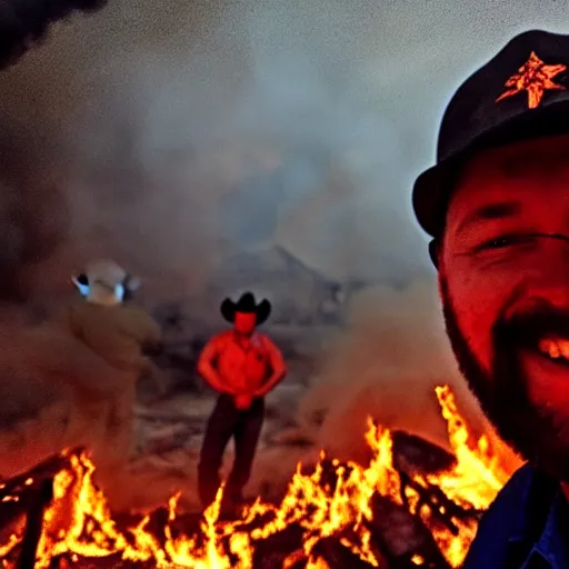 Image similar to a selfie taken by a cowboy in hell, surrounded by fire