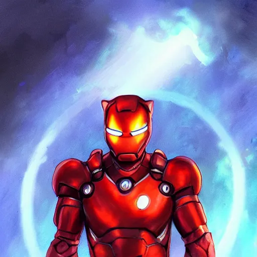 Image similar to cat in an ironman suit, concept art, highly detailed art, super hero cat, anthro cat, god rays, dramatic pose, marvel, MCU, digital painting, artstation