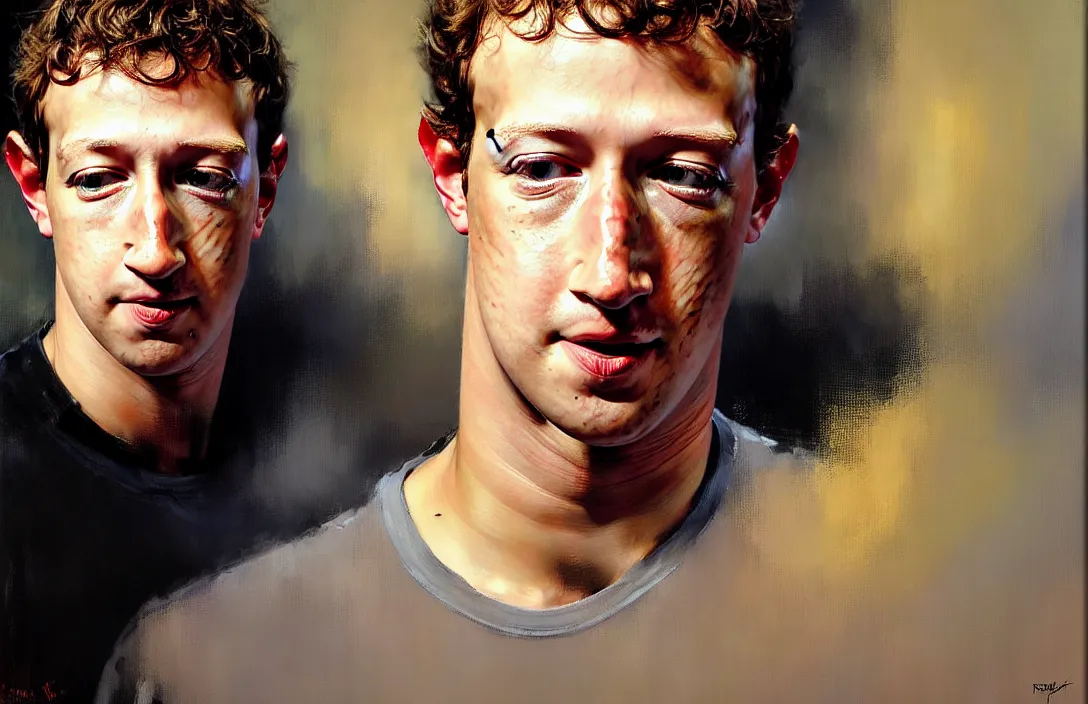 Image similar to portrait of mark zuckerberg!!!!!!!!!!!!!!!!!!!!!!!!!!!, detailed face, detailed painting, epic lighting, by ilya repin, phil hale and kent williams