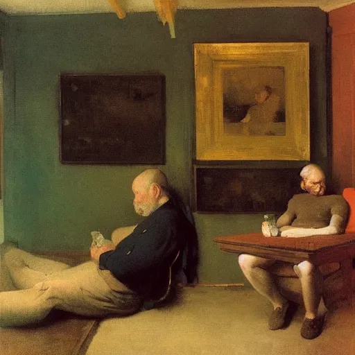 Prompt: some guy sitting in his small room looking at a computer screen. jamie wyeth greg rutkowski winslow homer thomas eakins lucian freud edward hopper j. m. w. turner edgar degas giorgio morandi peter doig oil painting