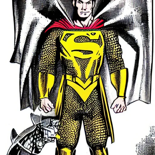 Image similar to superman wearing an extremely detailed and elegant golden medieval knight armor.
