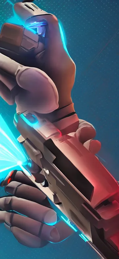 Image similar to “ hand in glove holding laser gun from the side, cinematic, digital art, fortnite style, award winning ”