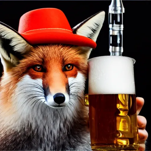 Prompt: a polygamous fox with a hat drinking beer and smoking e - cigarette, studio photo