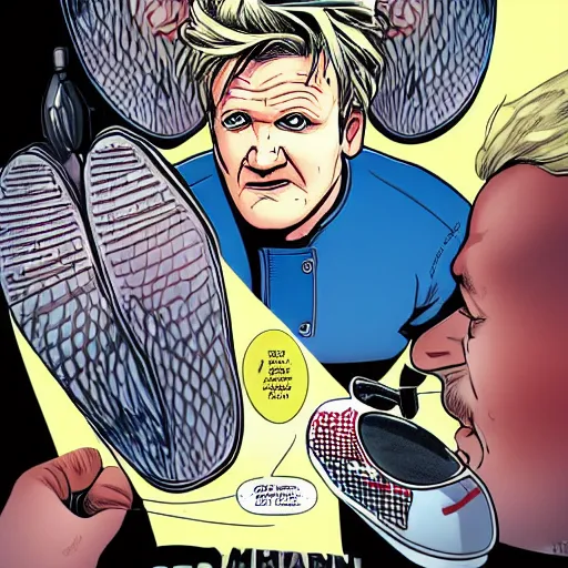 Prompt: a comic book cover of gordon ramsay cleaning his shoes