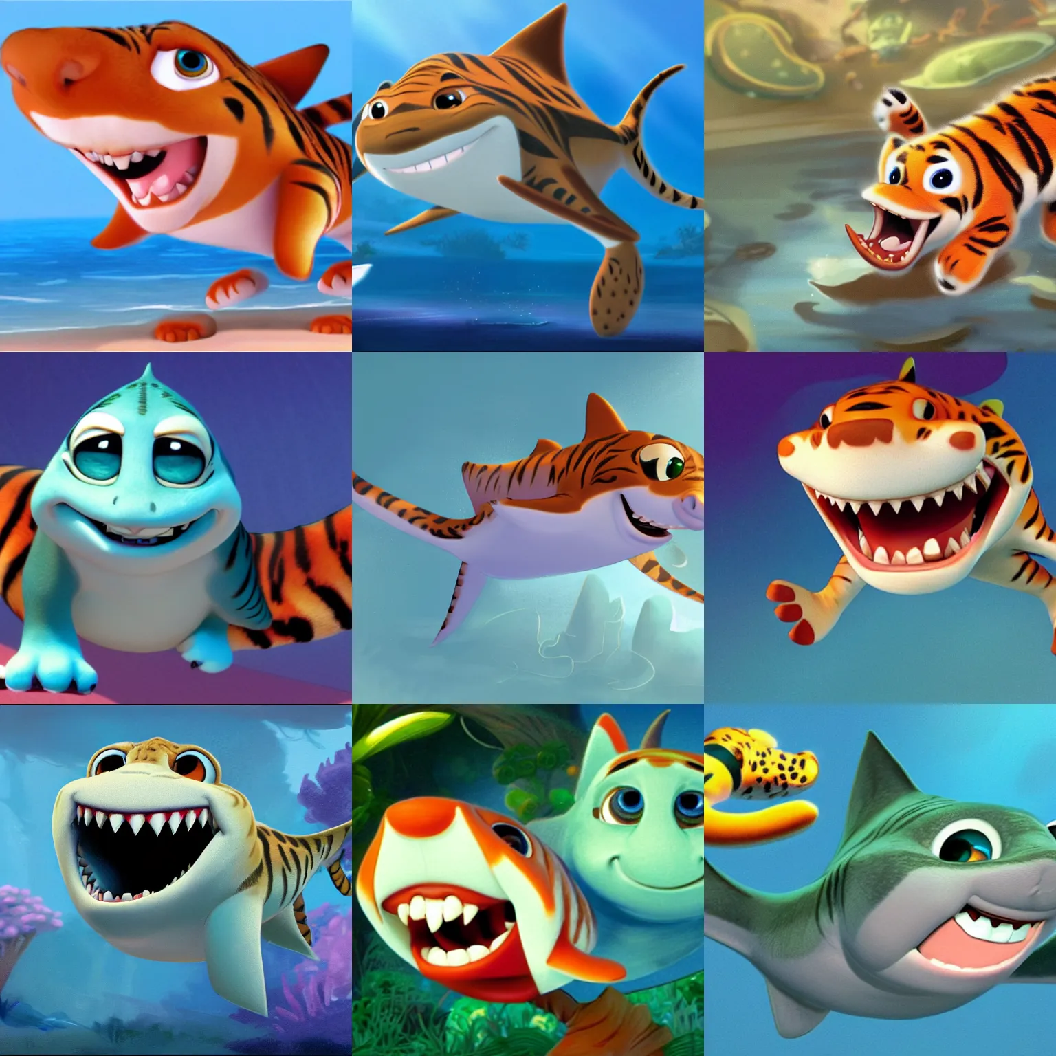 Prompt: disney pixar concept art for adorable baby tigershark