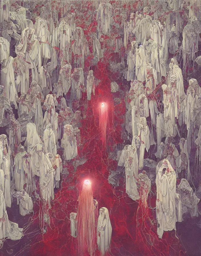 Image similar to worshippers in robes belonging to the cult of the crystal light gather inside a small room around the big glowing crystal, big glowing crystal radiating white light, small room, interior, beksinski painting, part by adrian ghenie and gerhard richter. art by takato yamamoto. masterpiece, deep colours
