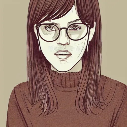 Prompt: portrait of a teenage girl with bangs, brown hair and bangs, round silver glasses with thin rims, wearing an oversized sweater, digital art, elegant pose, detailed illustration with thick lineart