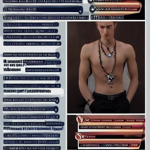 Image similar to a character explainer sheet of a handsome young man wearing excessive jewelry in a tasteful way