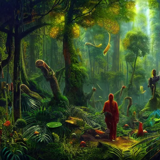 Image similar to psilocybin jungle, hyperrealistic oil painting, super detailed, colorized, 4k, trending on ArtstationHQ, D&D, fantasy, raytracing, award winning, art by James C Christensen and Michael Hutter, spectacular lighting, octane rendered