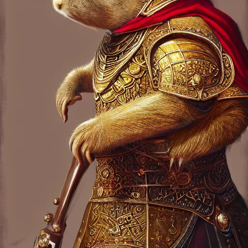 Image similar to detailed photorealistic painting of a capybara wearing a highly detailed ornamented gold crown with diamonds, in a medieval knight armor with red cape , holding a chess piece, sharp focus in the style of ruan jia, Mandy jurgens, cinematic light, concept art, trending on artstation, ultra realistic
