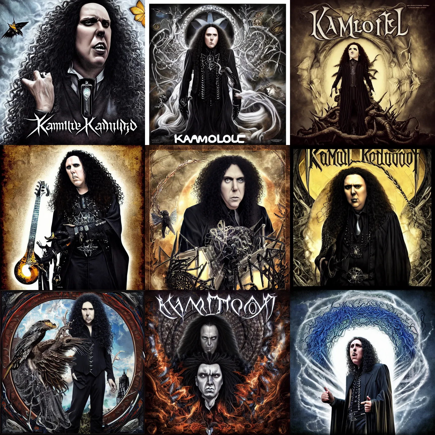 Prompt: kamelot album cover featuring photo of weird al yankovic, photoshop collage, power metal album cover, gothic fantasy, trending on artstation, intricately detailed, highly detailed, classic, award winning