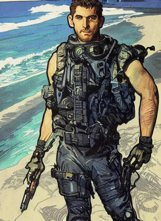 Image similar to Hector. USN blackops operator emerging from water at the shoreline. Agent wearing Futuristic wetsuit and looking at an abandoned shipyard. rb6s, MGS, and splinter cell Concept art by James Gurney, Alphonso Mucha. Vivid color scheme.