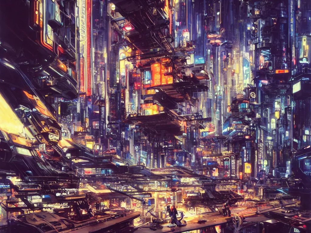 Prompt: hyperrealistic painting of a slice of life from a futuristic city, mechanical designs, high - tech, night, technological, meticulous engineering, cinematic, sharp focus, cyberpunk style, highly detailed, realism, acrylic on canvas, 8 k resolution, concept art, by noriyoshi ohrai, john berkey