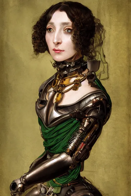 Image similar to portrait, headshot, digital painting, of a old 17th century, beautiful lady cyborg merchant, dark hair, amber jewels, dark green satin clothes, baroque, ornate clothing, scifi, futuristic, realistic, hyperdetailed, chiaroscuro, concept art, art by waterhouse and witkacy