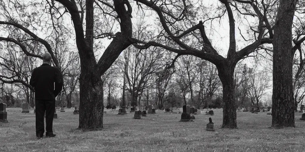 Image similar to Photo of a man in black near a tree in the cemetery looking into the distance