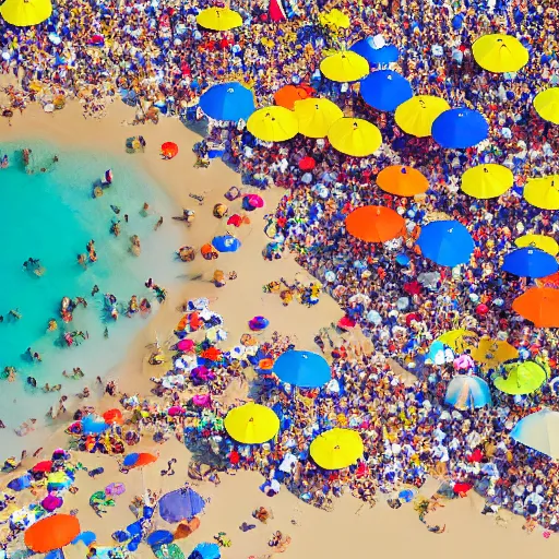 Image similar to photograph beachscapes from an almost perpendicular angle, Aerial view of sandy beach with umbrellas and sea, Aerial of a crowded sandy beach with colourful umbrellas, sun bathers and swimmers during summer, by Tommy Clarke